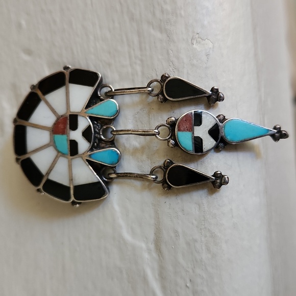 Vintage Native American Zuni Handmade Gemstone Dangle Headdress Pendant/Pin ๐ค๐ - Picture 5 of 11